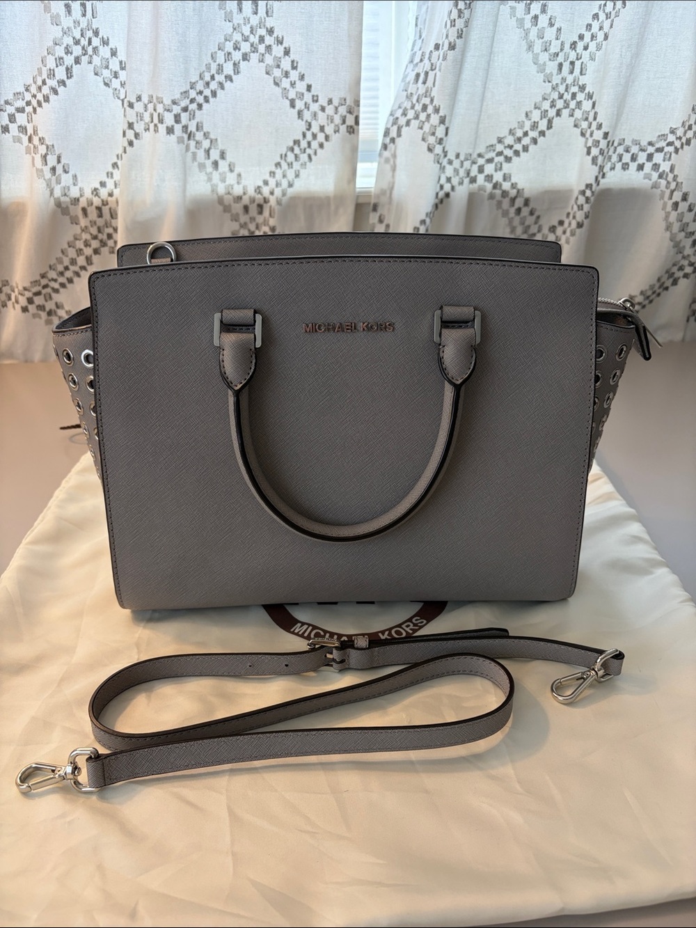 Michael Kors Selma Gray Grommet Saffiano Leather Satchel with Detachable Strap